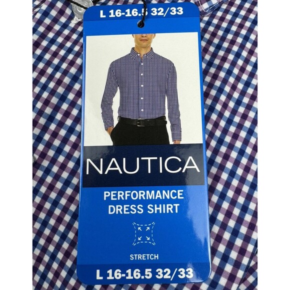 Nautica Mens Large 16-16.5 32/33 Purple Performance Slim Fit Dress Button Shirt - Picture 2 of 9